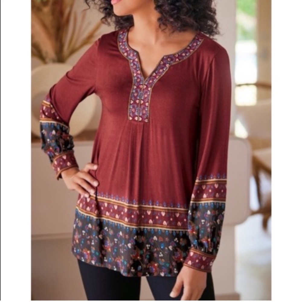 SOFT SURROUNDINGS • Women’s Parita Tunic Rust Embroidered Neckline Size Large